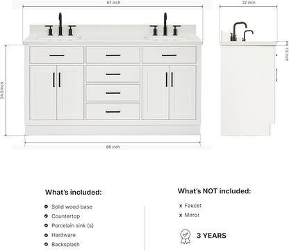 ARIEL Hepburn 66-inch Bathroom Vanity with Sink,Solid Wood, 1.5-inch Pure White Quartz Countertop & Backsplash, Double Rectangular Porcelain Sink, 4 Soft Closing Doors, 6 Dovetail Drawers, White