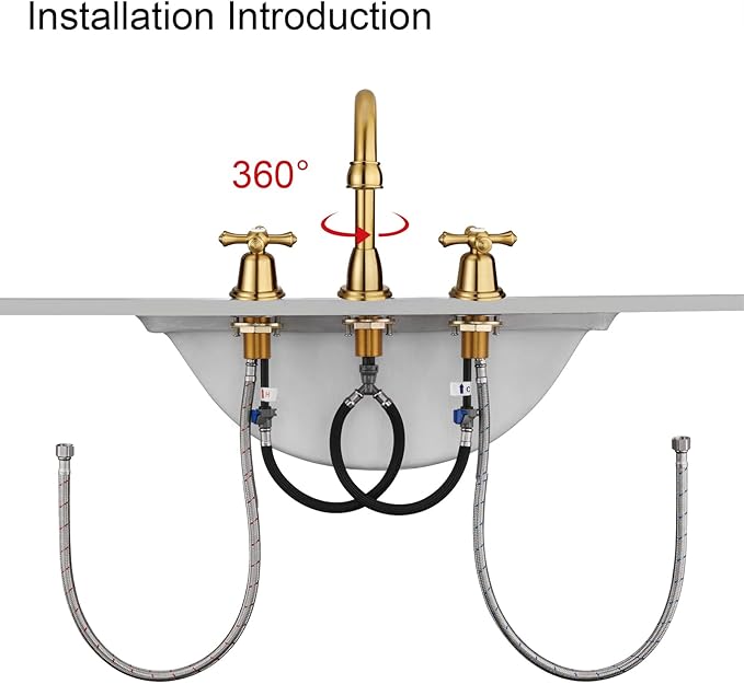RKF Bathroom Faucets for Sink 3 Hole Gold 8 inch Widespread Bathroom Sink Faucet with Drain 2 Handles Cross Knobs Faucet Vanity Faucet Basin Mixer Tap with Hose & Deck CWF039-BG