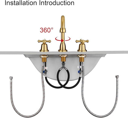 RKF Bathroom Faucets for Sink 3 Hole Gold 8 inch Widespread Bathroom Sink Faucet with Drain 2 Handles Cross Knobs Faucet Vanity Faucet Basin Mixer Tap with Hose & Deck CWF039-BG