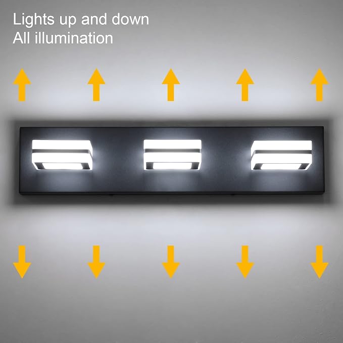 Ralbay Matte Black Vanity Light Fixtures 3 Lights Up and Down LED Modern Bathroom Vanity Lights Over Mirror Acrylic Black Bath Wall Lighting