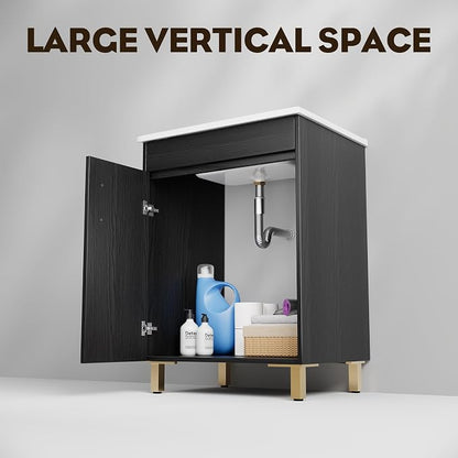 24 Inch Fully Pre-Assembled Black Bathroom Vanity with Single Ceramic Countertop Sink Combo, 2 Soft Close Doors Bathroom Cabinet Set, Faucet Not Included, BV01-BLACK-JH