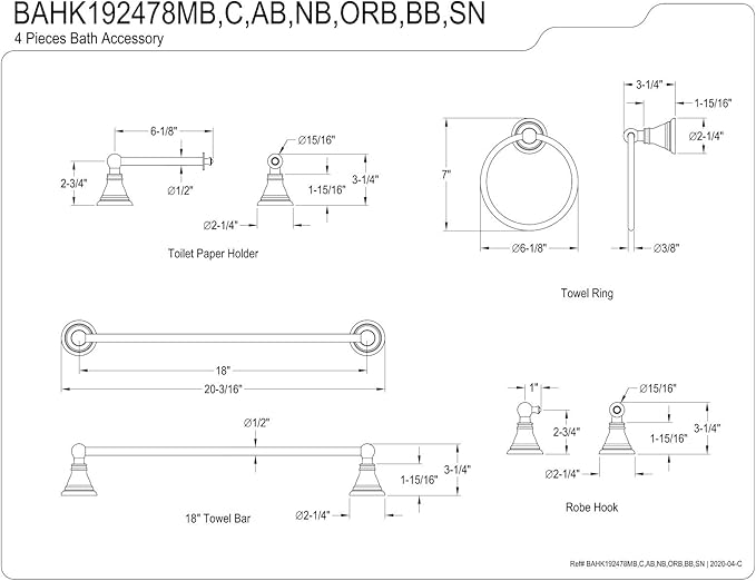 Kingston Brass BAHK192478MB American Classic Bathroom Hardware Set, Matte Black 18 x 7 x 3.25