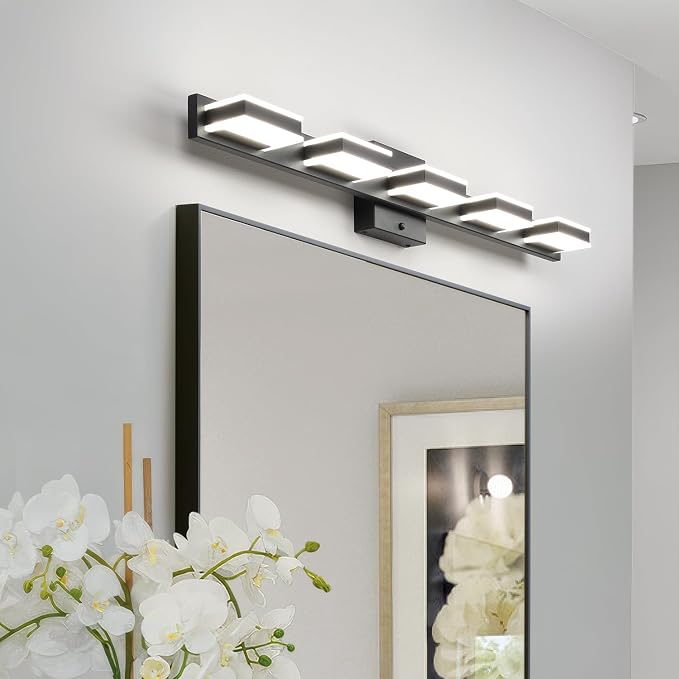mirrea 32" 5 Light 3CCT LED Black Bathroom Vanity Light Fixture | Over Mirror,Bathroom Lighting,3000K/4000K/5000K ,Dimmable,Rust-resistant,Moisture-resistant,Acrylic shade,Wall Mount