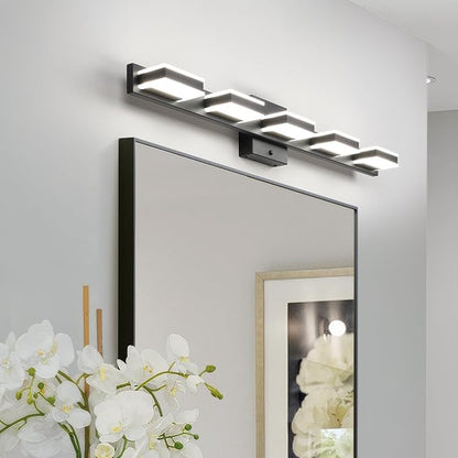 mirrea 32" 5 Light 3CCT LED Black Bathroom Vanity Light Fixture | Over Mirror,Bathroom Lighting,3000K/4000K/5000K ,Dimmable,Rust-resistant,Moisture-resistant,Acrylic shade,Wall Mount