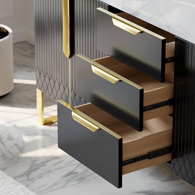KunMai 59" Black Freestanding Bathroom Vanity with Faux Marble Top, Double Ceramic Vessel Sinks, Floor-Standing Design, 3 Drawers for Storage, Modern Bathroom Cabinet with Gold Hardware Finish