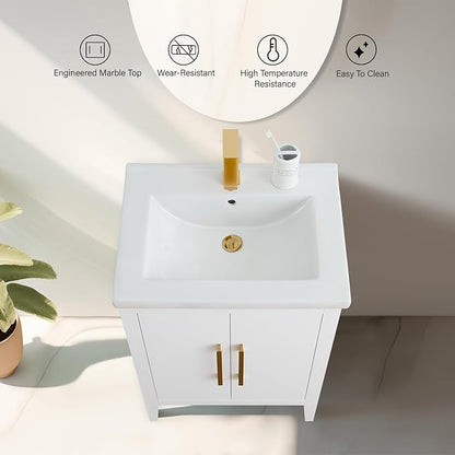 Vanity Art 24 inch Bathroom Vanity with Single Sink & Ceramic Top, Vanity Cabinet with Soft-Closing Doors, Solid Wood Frame, White, VA9024-W-GB1