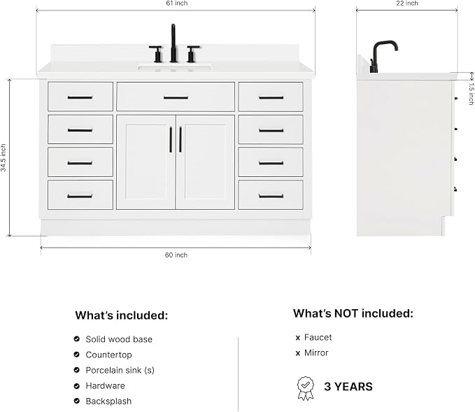 ARIEL Hepburn 60-inch Bathroom Vanity with Sink,Solid Wood, 1.5-inch Pure White Quartz Countertop & Backsplash, Single Rectangular Porcelain Sink, 2 Soft Closing Doors, 9 Dovetail Drawers, White