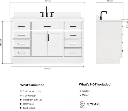 ARIEL Hepburn 60-inch Bathroom Vanity with Sink,Solid Wood, 1.5-inch Pure White Quartz Countertop & Backsplash, Single Rectangular Porcelain Sink, 2 Soft Closing Doors, 9 Dovetail Drawers, White