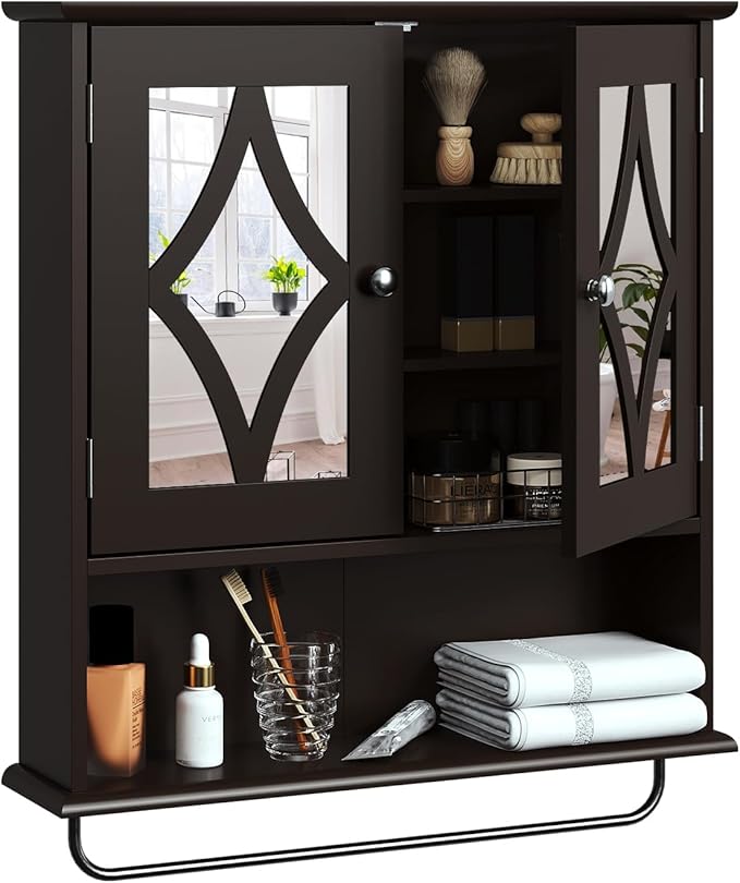 Bathroom Medicine Cabinet with Adjustable Shelves and Towel Bar, Vanity Wall Mounted Storage Cabinet with Mirror, Hanging Wall Cabinet for Bathroom, Laundry, Living Room (Brown)