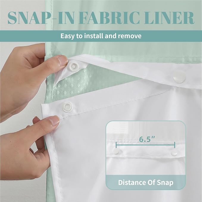 No Hook Waffle Shower Curtain with Snap-in Liner, 71x74 Inch, Mint Green | 230 GSM waffle weave fabric, waterproof liner set with 2 bottom magnets, mesh top window, washable, for bathroom or hotel use