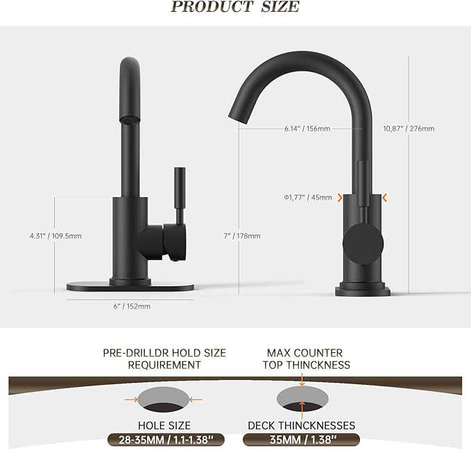 Phiestina Single Hole Matte Black Single-Handle High-Arc Stainless Steel Faucet for Pre-Kitchen Sink/Bar Sink/Bathroom Sink, with 4 Inch Deck Plate and Supply Hoses, Matte Black, WE08E-MB