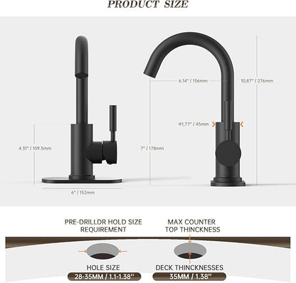 Phiestina Single Hole Matte Black Single-Handle High-Arc Stainless Steel Faucet for Pre-Kitchen Sink/Bar Sink/Bathroom Sink, with 4 Inch Deck Plate and Supply Hoses, Matte Black, WE08E-MB