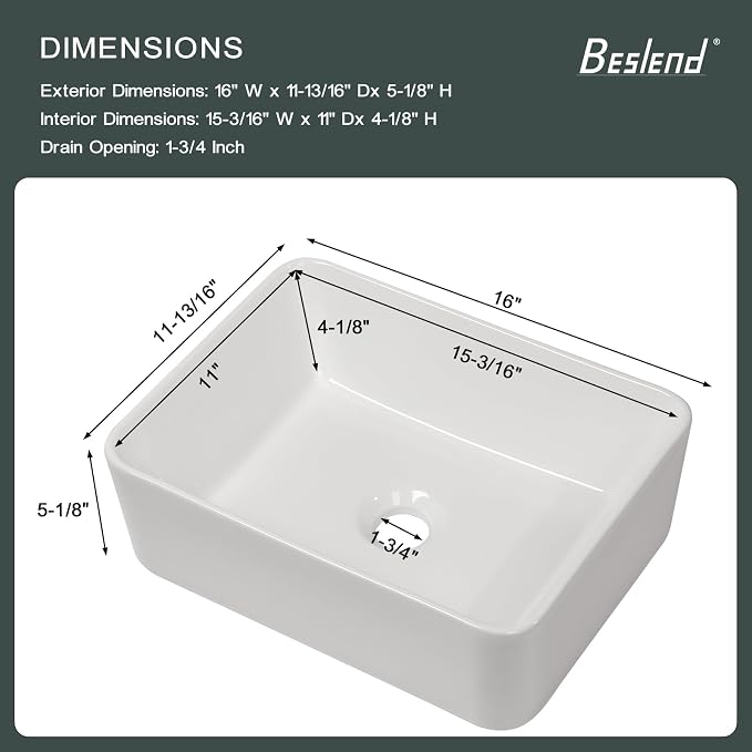 Rectangular Vessel Sink White | Beslend 16"x12" Bathroom Sink Ceramic Porcelain Above Counter Modern Art Sink