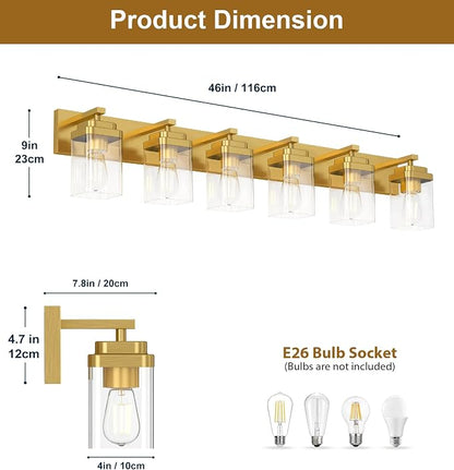 Brushed Gold Bathroom Light Fixtures, 6 Lights Bathroom Lighting Fixtures Over Mirror, Square Design & Rectangle Large Backplate, Modern Vanity Lighting Fixtures, for Living Room/Bedroom