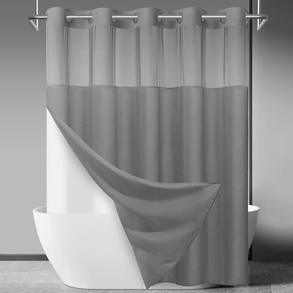 SORTTO No Hook Slub Shower Curtain with Liner, 71x86, Grey | Snap in Liner, 3 in 1, Bamboo Texture, Hotel Style, Waterproof Fabric, Mesh Top Window, Corner Magnets, Machine Washable