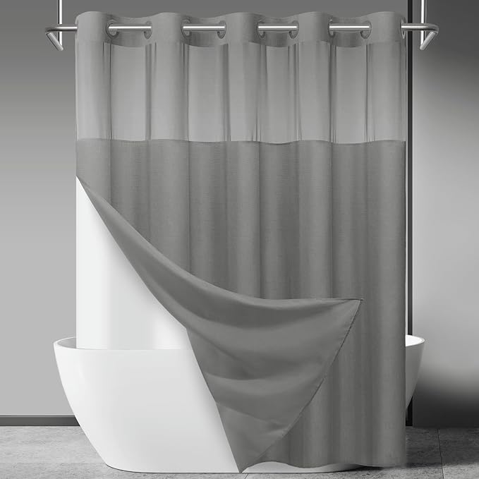 SORTTO No Hook Slub Shower Curtain with Liner, 71x80, Grey | Snap in Liner, 3 in 1, Bamboo Texture, Hotel Style, Waterproof Fabric, Mesh Top Window, Corner Magnets, Machine Washable
