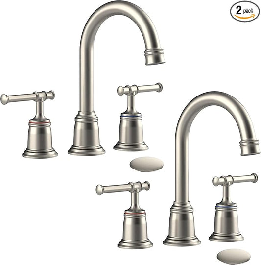 Classical 8 inch Bathroom Faucet, Bathroom faucets for Sink 3 Holes, Widespread Brushed Nickel Bathroom Faucet with Pop Up Drain and cUPC Lead-Free Hose (Brushed Nickel 2 Packs)