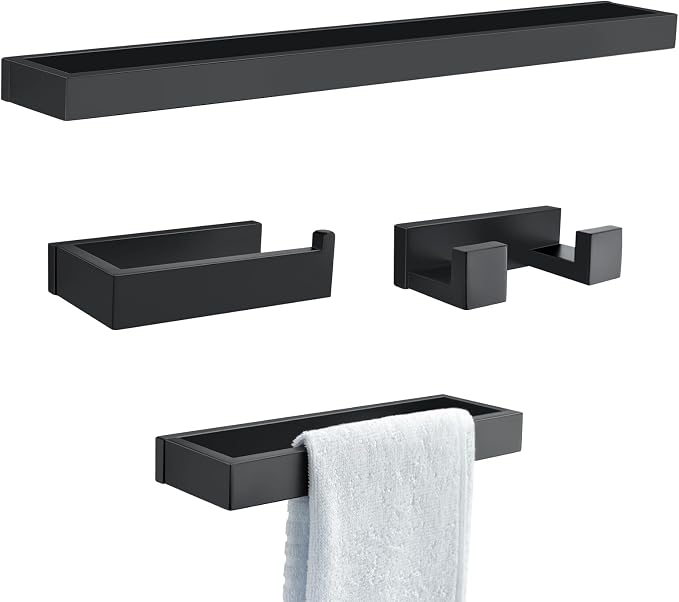 Black Towel Bar Set, 4-Pieces Bathroom Hardware Set Modern Bathroom Towel Holder Set SUS304 Stainless Steel Wall Mounted Towel Rack Set,23.6 Inch