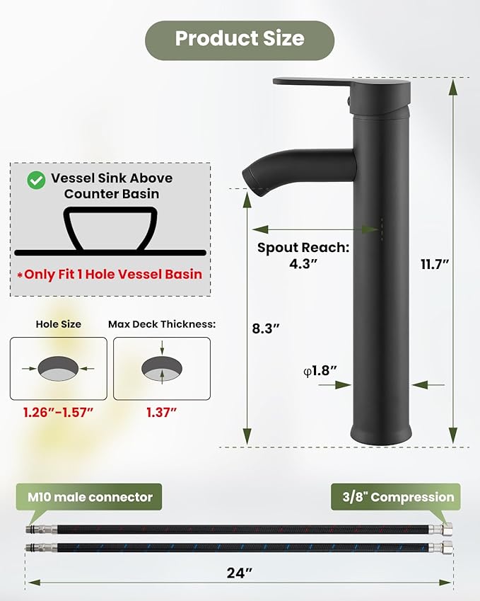 gotonovo Vessel Sink Faucet Modern Tall Bathroom Faucet Single Handle One Hole Stainless Steel Vanity Lavatory Rv Bowl Basin Mixer Tap with Supply Lines and Metal Pop Up Drain, Matte Black