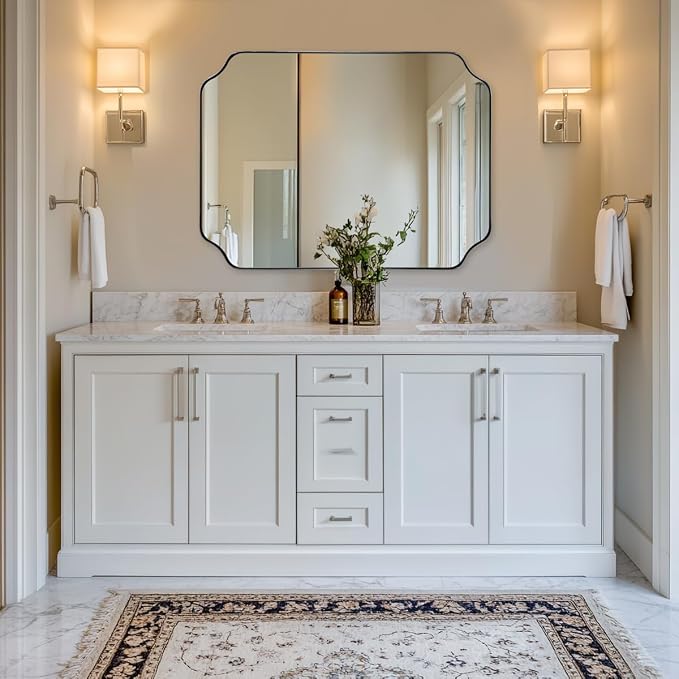 Chrome Bathroom Mirror, 30x40 Inch Polished Chrome Rectangle Mirror, Scalloped Mirror for Bathroom, Anti-Rust Stainless Steel Metal Frame 1’’, Unique Shape Ideal for Home Remodel