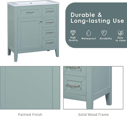 30 Inch Bathroom Vanities with Undermount Ceramic Sink, Storage Cabinet with Soft Closing Doors, Three Drawers and Organizer Rack Shelf, Solid Wood Frame, Green