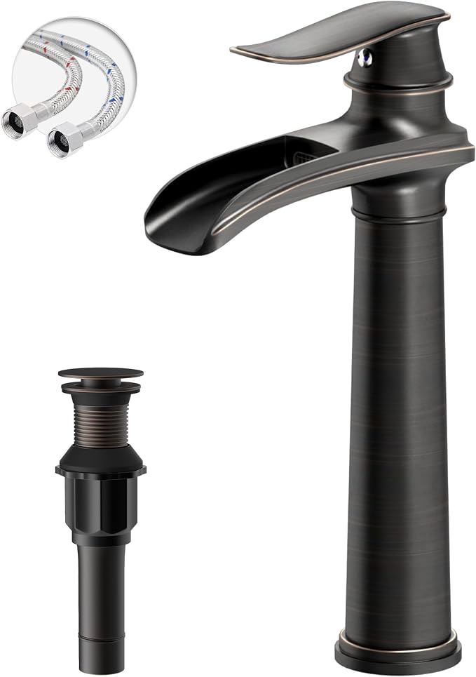 Oil Rubbed Bronze Vessel Sink Faucet Brass Waterfall Bathroom Faucet | with Pop Up Drain Assembly and Supply Hoses, Single Handle Tall Bathroom Faucets Lavatory Vanity Mixer Tap by BATHLAVISH