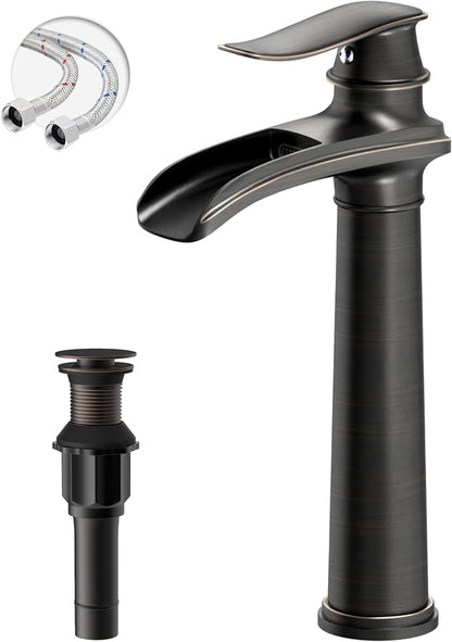 Oil Rubbed Bronze Vessel Sink Faucet Brass Waterfall Bathroom Faucet | with Pop Up Drain Assembly and Supply Hoses, Single Handle Tall Bathroom Faucets Lavatory Vanity Mixer Tap by BATHLAVISH