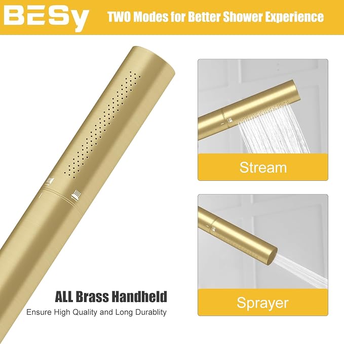 Handheld Shower Head Sprayer Shower Wand Hand Shower Showerhead Gold | Brushed Gold High Pressure Showerhead, Hand Held Sprayer, Brass Shower Head, Wall Mounted, 60 In Stainless Steel Shower Hose
