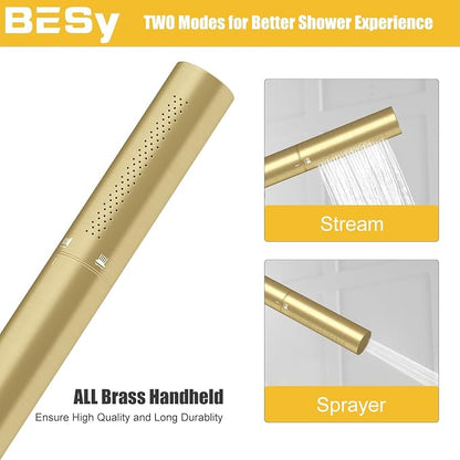 Handheld Shower Head Sprayer Shower Wand Hand Shower Showerhead Gold | Brushed Gold High Pressure Showerhead, Hand Held Sprayer, Brass Shower Head, Wall Mounted, 60 In Stainless Steel Shower Hose