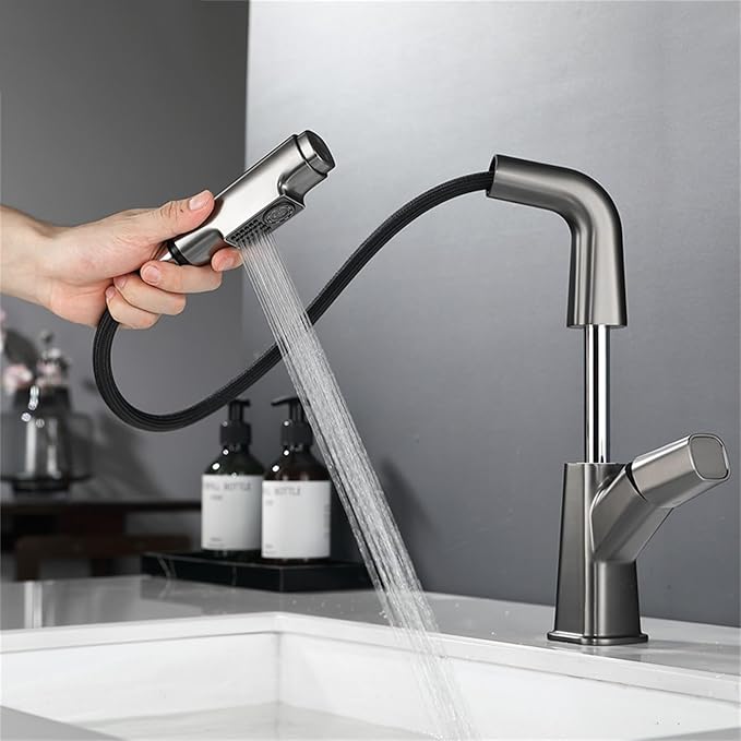 Modern Brushed Gold Bathroom Faucet for Sink Single Handle Lavatory Faucet with Pull and Lift Design Stylish Vanity Faucet for 1 Hole Bathroom Sink，Grey