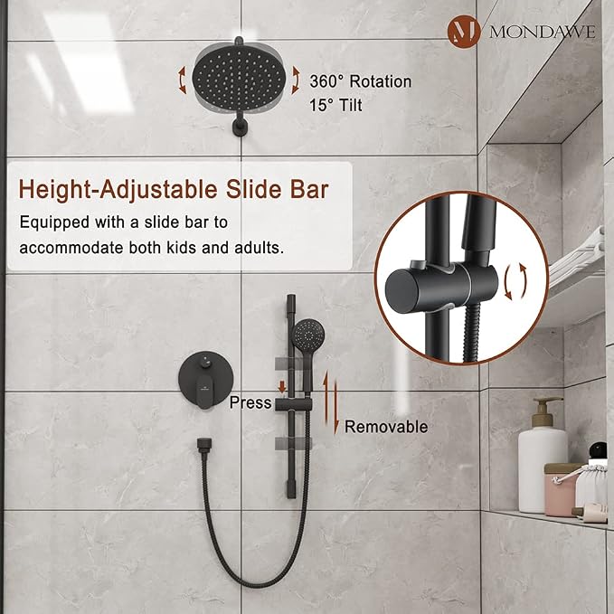 MONDAWE 9 Inch Wall Mounted Shower Faucet Set in Matte Black, Rainfall Shower Head with 3-Setting Handheld Spray Shower Set Combo, High Pressure Shower System with Solid Brass Valve