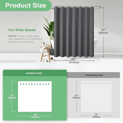 Extra Wide Waffle Shower Curtain 256GSM Fabric 84x72 Charcoal Grey | 84 Inch Wide, Thick Cloth, Weighted Hem, Water Repellent, Hotel Luxury Polyester Shower Curtain Set for Bathroom 14 Hooks