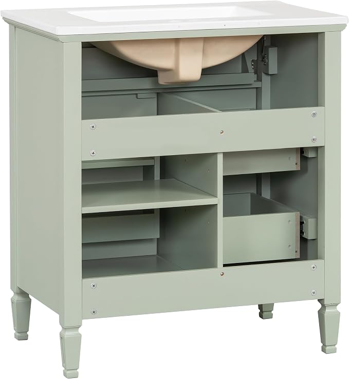 30" Bathroom Vanity with Ceramic Sink, Undermount Single Basin Bath Vanity Set w/1 Flip-Up & 2 Drawers,Modern Freestanding Storage Cabinet w/Adjustable Shelf,Solid Wood Frame,Green