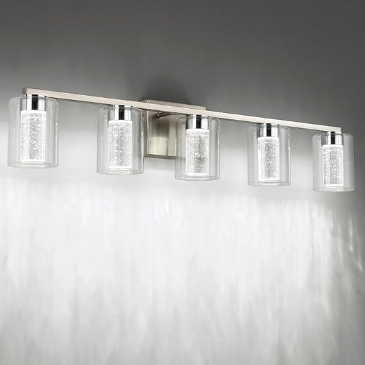 SineRise 5-Light Brushed Nickel Vanity Light with 3 Color Modes (3000K/4000K/6000K), Eye Protection LED Bathroom Light Fixture, Dimmable Modern Wall Light Over Mirror with Clear Glass Shade