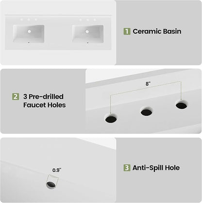 60" Brown Bathroom Vanity with Double Ceramic Sinks | Pre-Assembled Bathroom Vanity Cabinet with Quartz Countertop & cUPC Ceramic Basins, Modern Freestanding Bath Cabinet with Soft-Close Doors