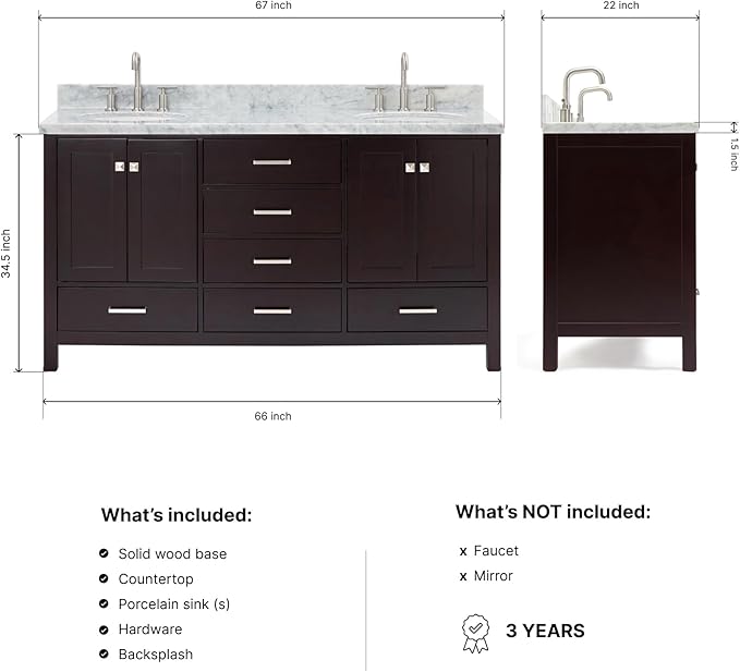 ARIEL Cambridge 66-inch Bathroom Vanity with Sink,Solid Wood, 1.5-inch Italian Carrara Marble Countertop & Backsplash, Double Oval Porcelain Sink, 4 Soft Closing Doors, 6 Dovetail Drawers, Espresso
