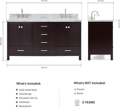 ARIEL Cambridge 66-inch Bathroom Vanity with Sink,Solid Wood, 1.5-inch Italian Carrara Marble Countertop & Backsplash, Double Oval Porcelain Sink, 4 Soft Closing Doors, 6 Dovetail Drawers, Espresso