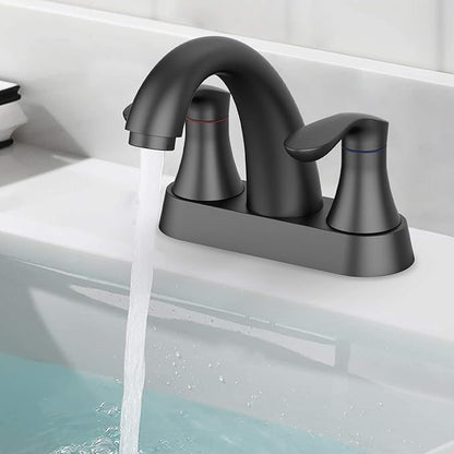 Black faucet with water flowing into a bathtub