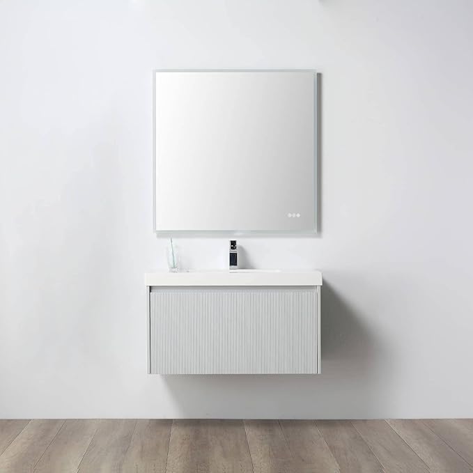 Blossom 36 Inch Bathroom Vanity with Sink | All Wood Wall Mounted Floating Bathroom Vanity Cabinet with Acrylic Sink | Soft-Close Drawer | Modern Minimalist Style Vanities (36 Inch, Light Grey)