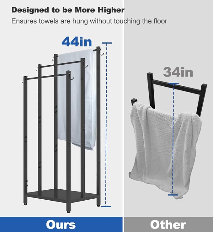 44 Inch Tall Free Standing Towel Rack, Black | 3 Tiers Heavy Duty Blanket Drying Stand Holder with Metal Storage Shelf & 6 Hooks for Bathroom, Pool, Bedroom, Living Room