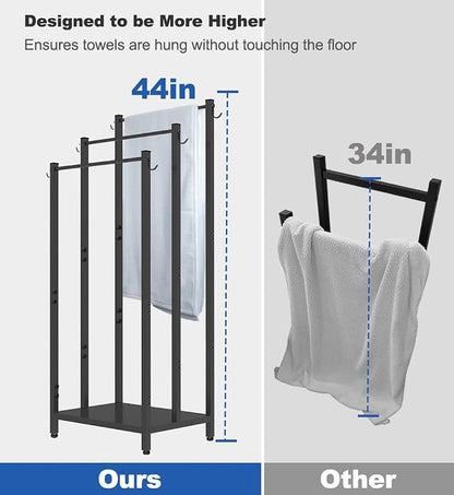 44 Inch Tall Free Standing Towel Rack, Black | 3 Tiers Heavy Duty Blanket Drying Stand Holder with Metal Storage Shelf & 6 Hooks for Bathroom, Pool, Bedroom, Living Room