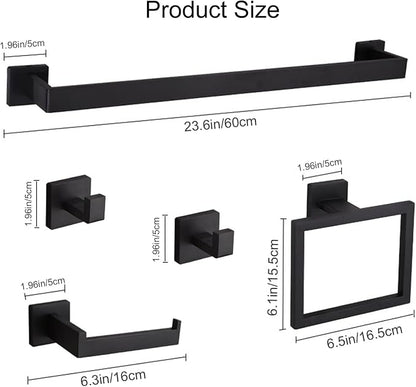 5 Pieces Bathroom Hardware Accessories Set Wall Mounted - Matte Black | 23.6 Inch Towel Rod, 304 Stainless Steel, Modern Design, Easy to Install, Sturdy and Durable, Rustproof, Bathroom Kit