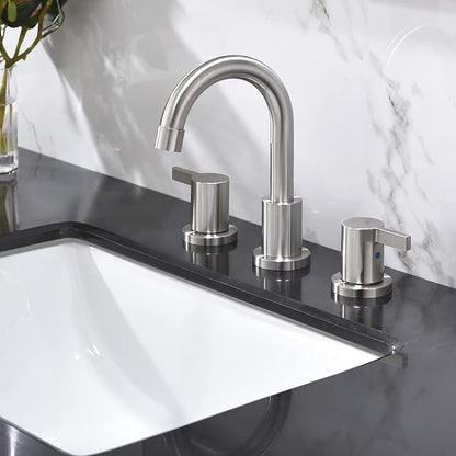 Phiestina 2 Handle 3 Hole 8 Inch Widespread Bathroom Faucet with Metal Pop-Up Drain, Brushed Nickel, WF015-1-BN