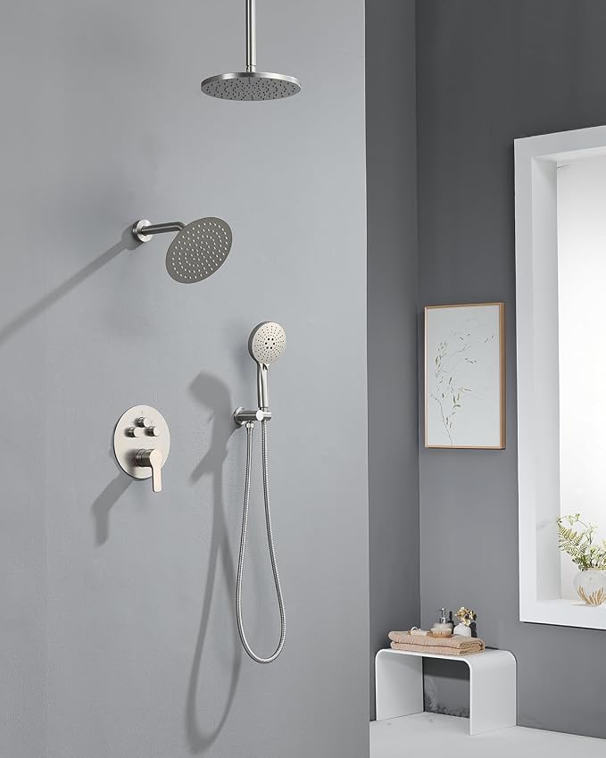 Iriber Brushed Nickel Shower head with Handheld,8"+10" Shower Faucet Set | 10 Inch Ceiling +8 Inch Wall Mount Dual Shower Heads,Push Button Diverter,3 Setting Handheld,Pressure Balance Valve Cartridge
