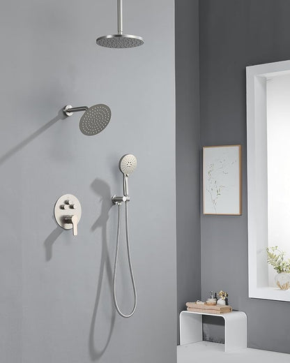 Iriber Brushed Nickel Shower head with Handheld,8"+10" Shower Faucet Set | 10 Inch Ceiling +8 Inch Wall Mount Dual Shower Heads,Push Button Diverter,3 Setting Handheld,Pressure Balance Valve Cartridge