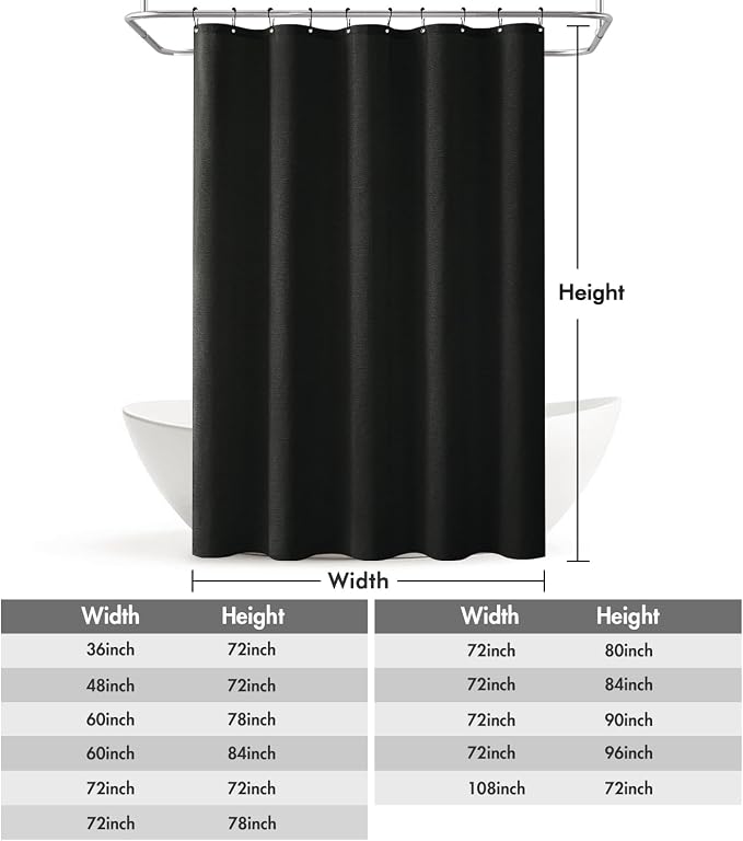MIULEE W60*L84 Extra Long Linen Shower Curtain Black 10 Metal Hooks | Washable, Fabric Curtain Set, Waterproof Neutral Thick Cloth Shower Curtain, Bathroom Hotel Bathtub