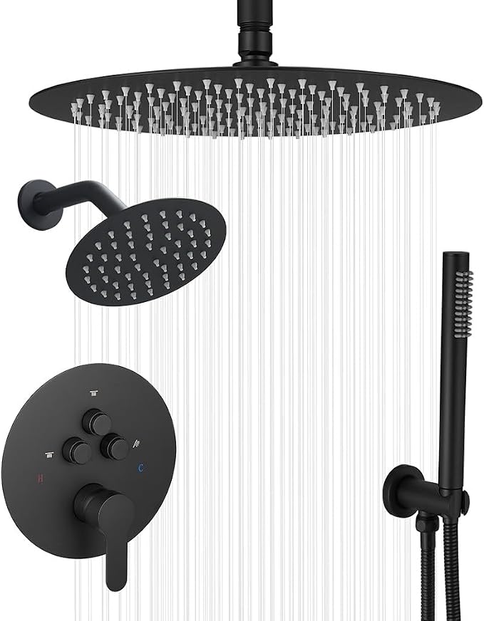 Shower Faucet Set Matte Black 12 Inch Round Ceiling Mount Rainfall Shower System with 2 Rain Shower Head and Handheld Head Push Button Diverter Shower Trim Kit and Rough-in Valve Body