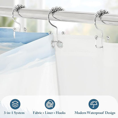 3 in 1 Navy Blue Forest Shower Curtain Set, Modern Spring Shower Curtain and PEVA Liner Set with 12 Stainless Steel Shower Curtain Hooks, Waterproof Fabric Shower Curtains for Bathroom, 72 W x 72 H