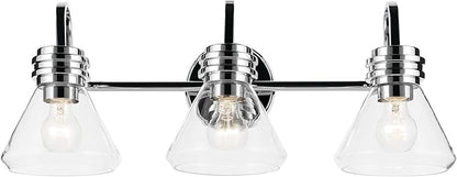 Kichler Farum 26" 3-Light Vanity Light with Clear Glass in Chrome, for Single or Double Vanity, Over a Mirror, Powder Room, Bathroom, (26" W x 9.5" H), 55155CHCLR