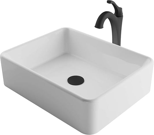 KRAUS Elavo 19-inch Modern Rectangular White Porcelain Ceramic Bathroom Vessel Sink and Matte Black Arlo Faucet Combo Set with Pop-Up Drain, C-KCV-121-1200MB